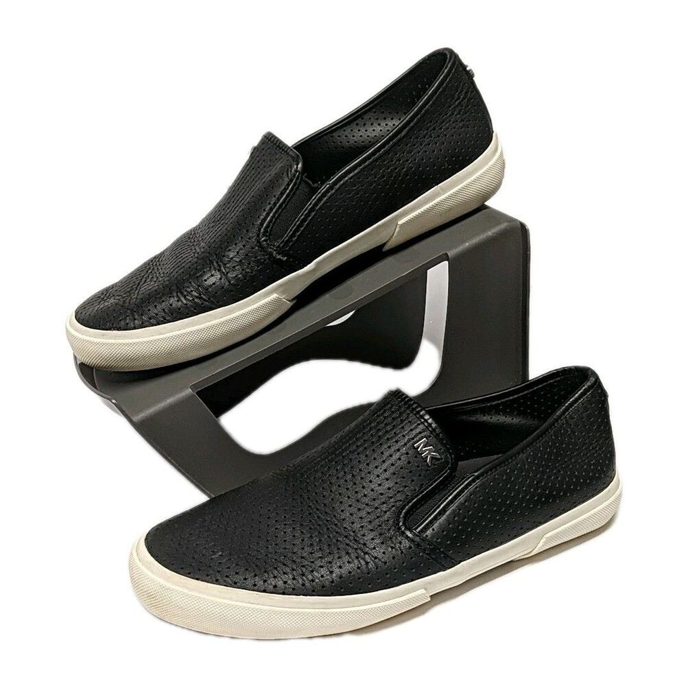 Michael Kors Women Leather Slip-On Shoes 8 Boerum Double Gore Lasered Black